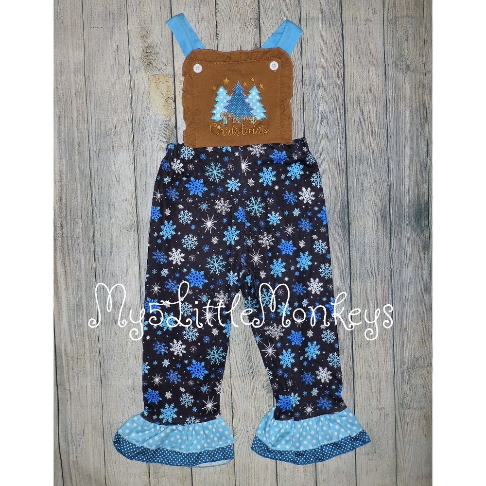 Boutique Girls Blue Snowflakes Christmas Romper Overalls Jumpsuit